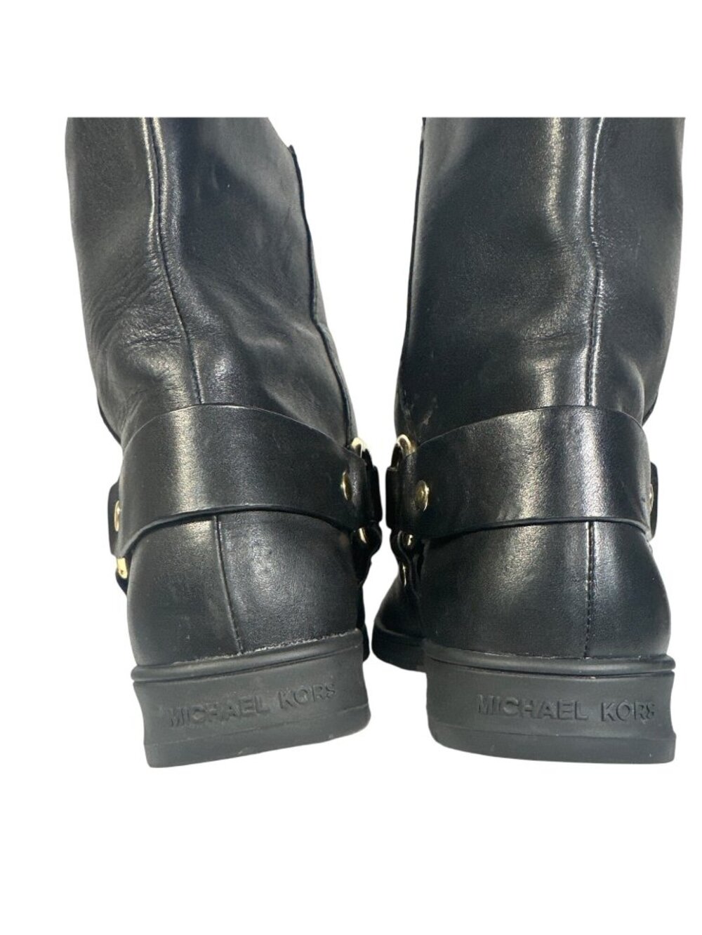 MICHAEL KORS ESSEX ICONIC BLACK GOLD LOGO MOTO BIKER BOOTS Size 7M - Picture 10 of 13